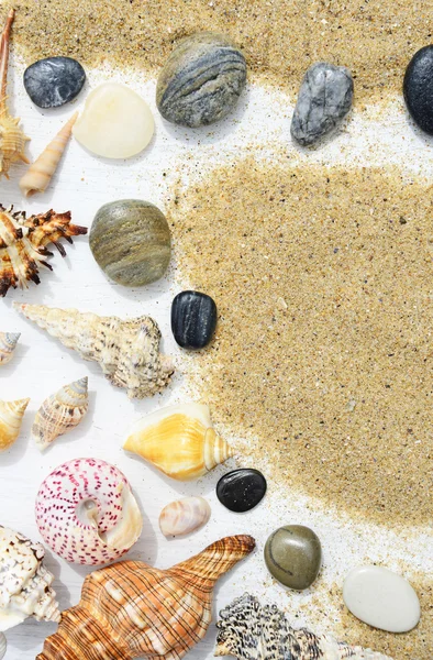 Sahil kumu, deniz kabukları ve denizyıldızı Beyaz ahşap zemin üzerinde — Stok fotoğraf