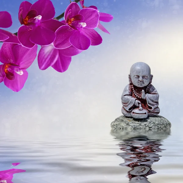 Дзен или Фэн-Шуй фон-Дзен камень, орхидеи цветы и Будда отражается в воде — стоковое фото