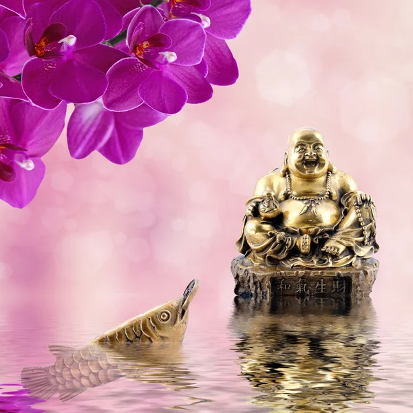 Buda sonriente, flores de orquídea, arowana con moneda reflejada en el agua.Símbolo de riqueza y gran fortuna en Feng-Shui —  Fotos de Stock