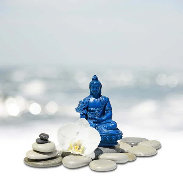 Feng-Shui Hintergrund-blauer Medizinbuddha bhaisajyaguru, Zen-Stein, weiße Orchideenblumen, Meer und Himmel — Stockfoto