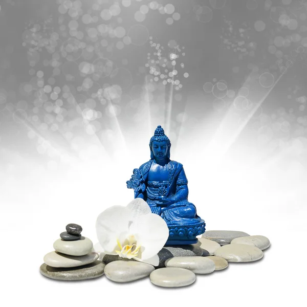 Feng-Shui background-Blue Medicine Buddha Bhaisajyaguru, zen stone, white orchid flowers on abstract background —  Fotos de Stock