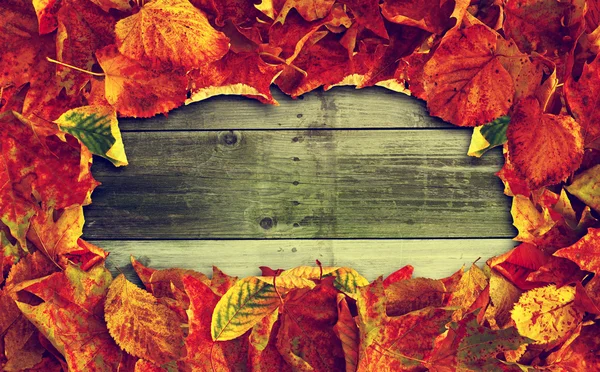 The frame of the old autumn leaves on the old wooden background. Photo in vintage style — Stock Photo, Image