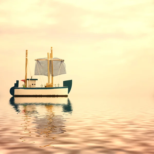 Spielzeug-Holzboot schwimmt auf dem Meer und spiegelt sich im Wasser. Foto im Vintage-Stil — Stockfoto