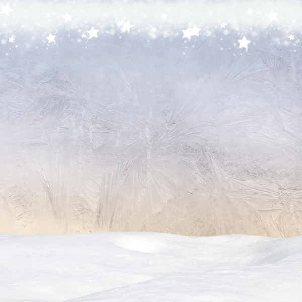 Winter background - Frost patterns on window, snowdrift and bokeh lights — Stock Photo, Image