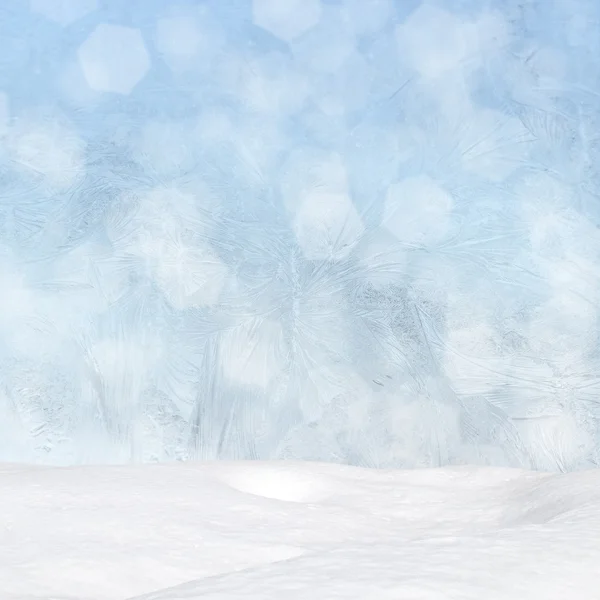 Winter background - Frost patterns on window, snowdrift and bokeh lights — Stock Photo, Image