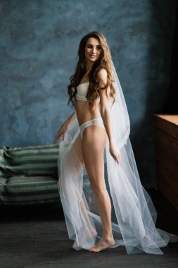 Beyaz iç çamaşırlı güzel bir kadının portresi..