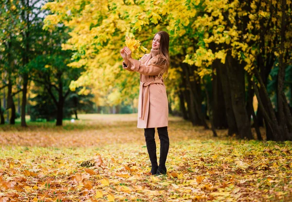 秋の季節に公園で過ごす美しい女性 — ストック写真