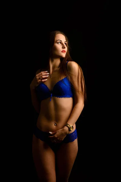 Beautiful Sexy Woman Blue Underwear Dark Background Perfect Female Body — Stock Photo, Image