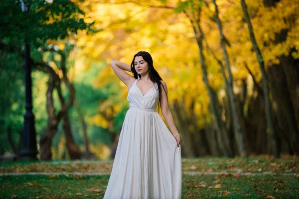 공원에서 길다란 드레스를 아름다운 갈색의 — 스톡 사진