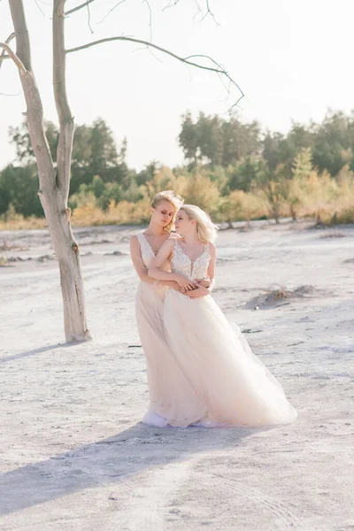 Krásné Lesbičky Pár Chůze Písku Podél Řeky Břehu Jejich Svatební — Stock fotografie