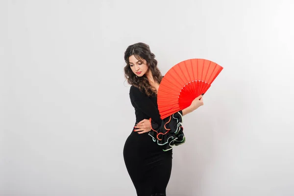 Portrait Beautiful Young Woman Dancing Flamenco Fan Studio — Stock Photo, Image