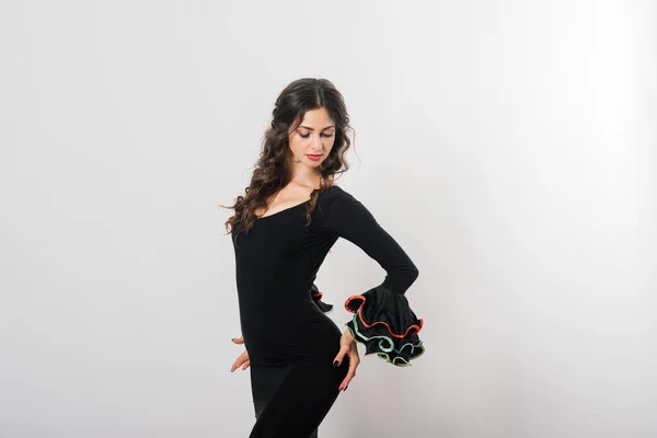 Portrait Beautiful Young Woman Dancing Flamenco Fan Studio — Stock Photo, Image
