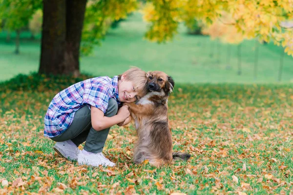 Söt Pojke Leker Och Går Med Sin Hund Ängen — Stockfoto