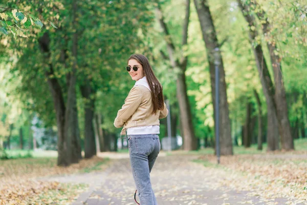 Young Beautiful Stylish Woman Riding Electric Scooter Autumn Park Ecological — Stock Photo, Image