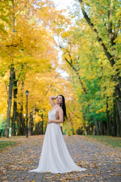 Krásná Brunetka Mladá Fena Bílých Šatech Podzimním Parku — Stock fotografie