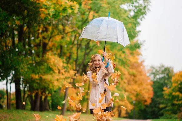 Young Attractive Smiling Girl Umbrella Autumn Forest — Stock Photo, Image