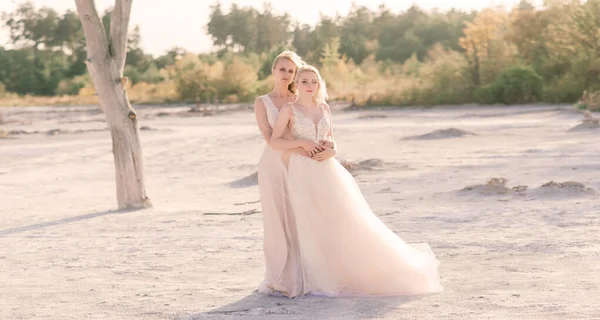 Twee Bruiden Vrouwen Witte Jurk Met Blond Haar Knuffelen Elkaar — Stockfoto