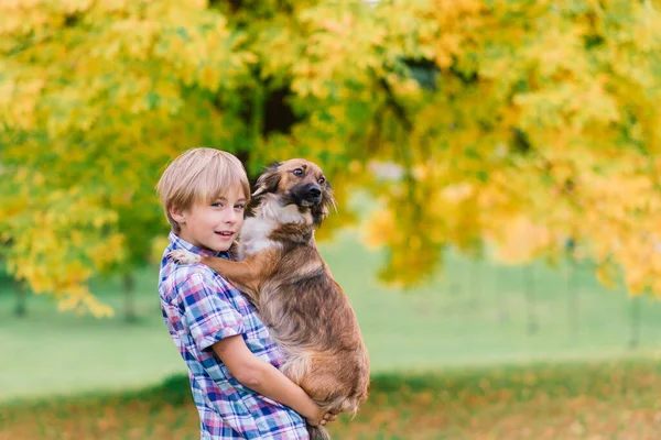 Jongen Knuffelen Een Hond Spelen Met Herfst Stadspark — Stockfoto