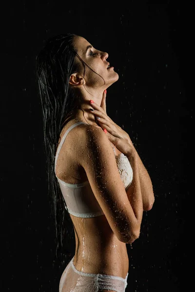 Young Woman Beautiful Sportive Body Perfect Shape Water Drops White — Stock Photo, Image