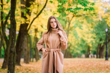Güzel bir kadın sonbahar mevsiminde parkta vakit geçiriyor.