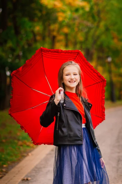 Young Attractive Smiling Girl Umbrella Autumn Forest — Stock Photo, Image