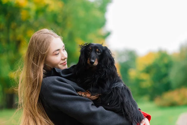 Ung Attraktiv Kvinna Håller Sin Tax Hund Armarna Utomhus Soluppgången — Stockfoto