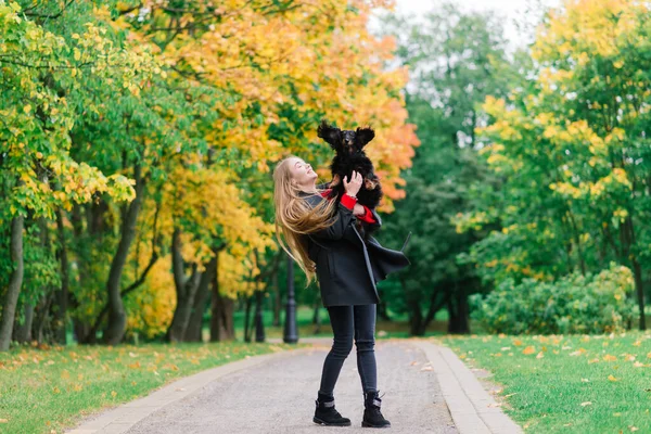 Jonge Aantrekkelijke Vrouw Houden Haar Teckel Hond Haar Armen Buiten — Stockfoto