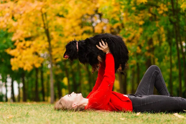 Ung Attraktiv Kvinna Håller Sin Tax Hund Armarna Utomhus Soluppgången — Stockfoto