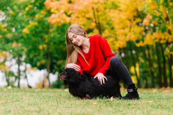 Glückliche Frau Hält Ihren Kleinen Hund Arm Herbstpark — Stockfoto
