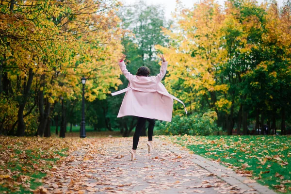 Woman Ballerina Dancing Pointe Shoes Golden Autumn Park Standing Ballet — Stock Photo, Image