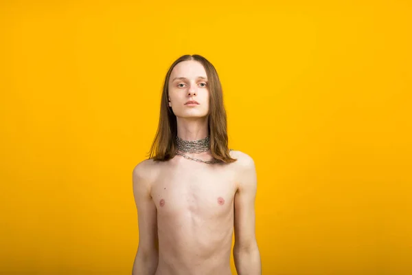 Androgynous Beautiful Young Man Model Tests Yellow Background — Stock Photo, Image