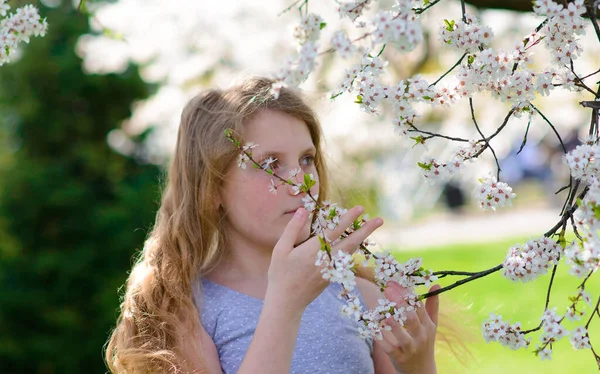 Hübsches Mädchen Blühenden Apfelbaumgarten Einem Schönen Frühlingstag — Stockfoto