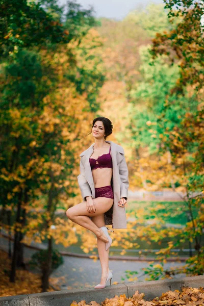 美しいです若いです女性でランジェリーポーズで秋の森 — ストック写真