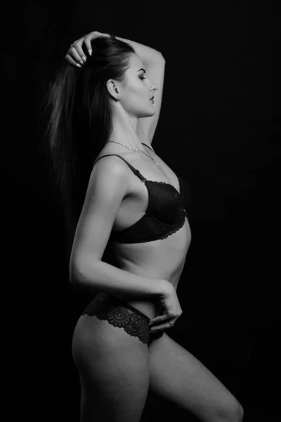 Portrait Brunette Girl Underwear Standing Studio Black Background — Stock Photo, Image