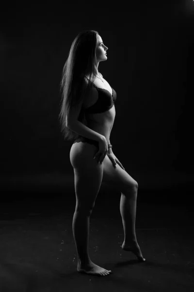 Portrait Brunette Girl Underwear Standing Studio Black Background — Stock Photo, Image