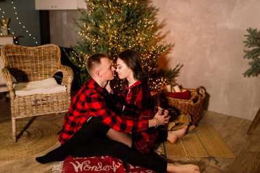 Genç adam, sevgilisini öperken, kış tatillerini birlikte kutlarken mutlu oluyor. Romantik çift, Noel ağacının yanında sıcacık bir evde tatilin tadını çıkarıyor.