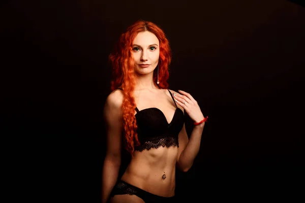 Sexy Woman Lingerie Black Background Red Hair — Stock Photo, Image