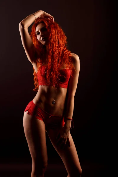 Sexy Woman Lingerie Black Background Red Hair — Stock Photo, Image