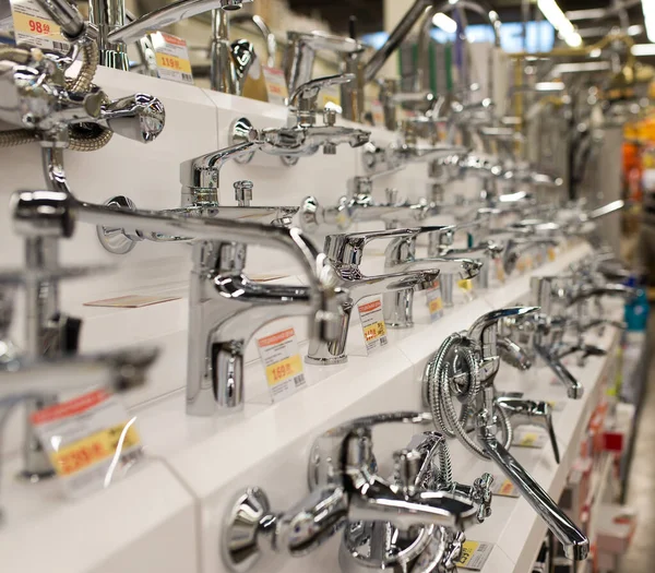 Various New Faucets Construction Store — Stock Photo, Image