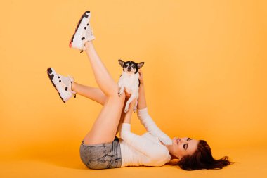 Güzel genç bir kadın sarı arka planda köpeğini tutuyor..