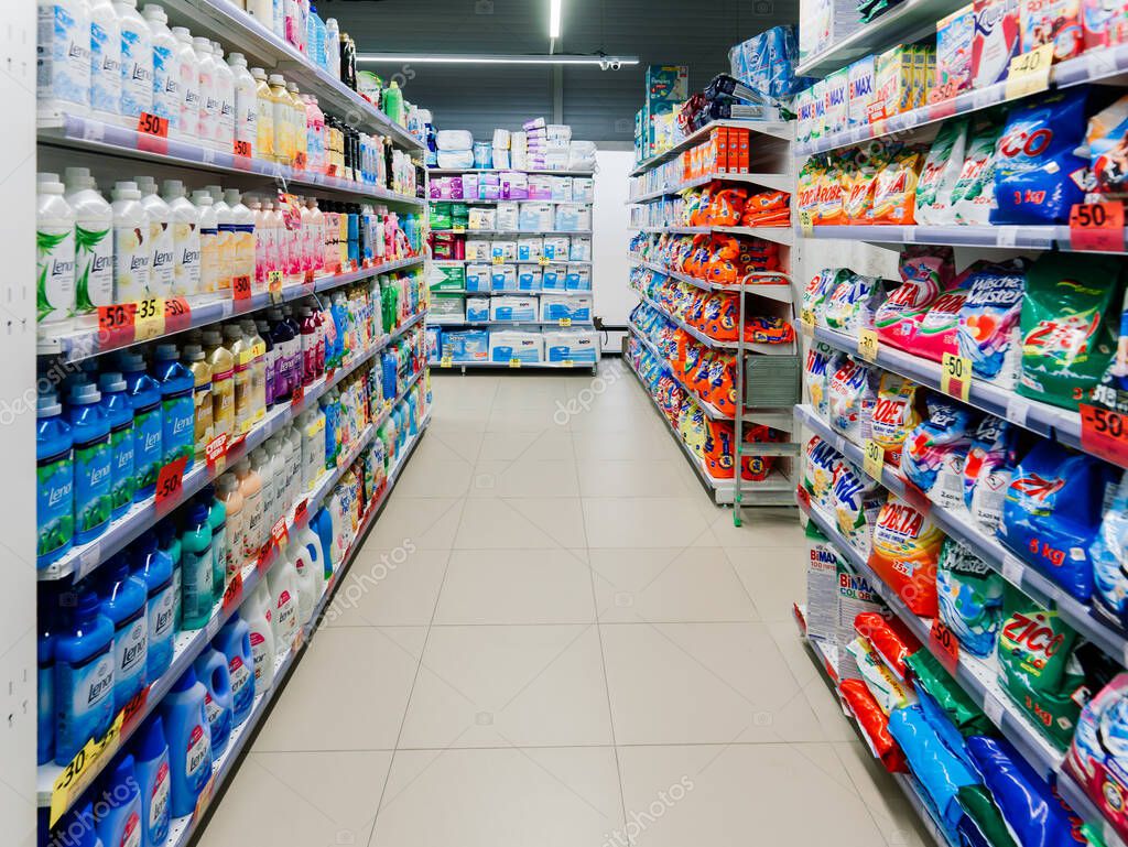 Minsk, Belarus - 03.07.2021. Different washing powder, cleaning agent ready for sale at hypermarket