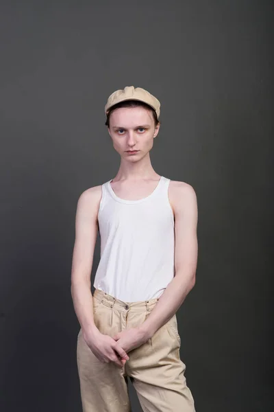 Androgynous Young Man Men Outfit Indoors Studio Shot — Stock Photo, Image