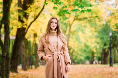 Güzel bir kadın sonbahar mevsiminde parkta vakit geçiriyor.