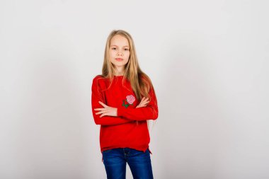 Girl 12-13 years old isolate on a white background. Childhood lifestyle concept. Mock up copy space.