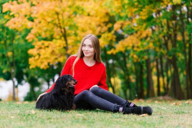 Sonbahar parkında küçük köpeğini kucağında tutan mutlu kadın.