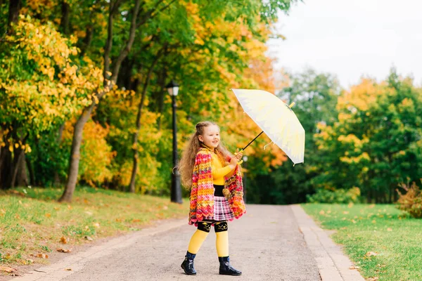 Happy Child Girl Laughing Umbrella Autumn Park — Stock Photo, Image