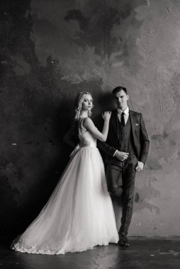 Klasik bir stüdyonun içinde şirin bir düğün çifti. Öpüşüyorlar ve sarılıyorlar..