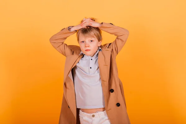 Grimacing Emotional Redhead Fasion Boy Posing Yellow Studio — Stock Photo, Image