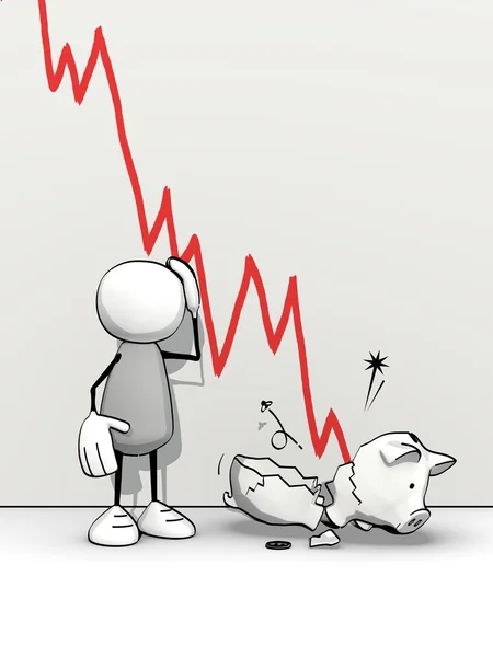 Little sketchy man - negative chart crashing the piggy-bank — Stock Photo, Image