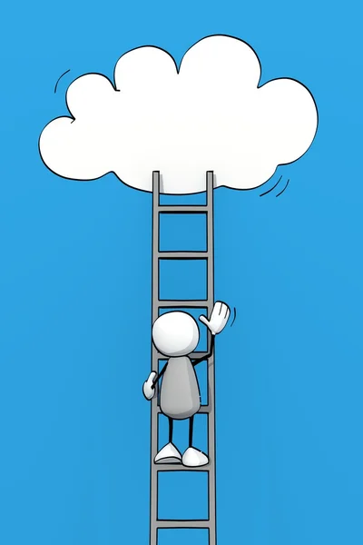 Little sketchy man climbing with a ladder on a cloud — Stock Photo, Image